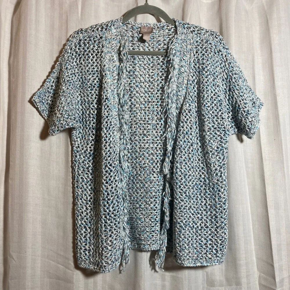 Chicos‎ Blue White Open Knit Cardigan Short Sleeve Fringe Trim Sweater 1 Coastal